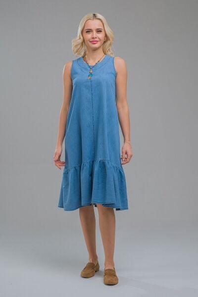 Cepli Kolsuz Pamuklu Dokuma Elbise indigo açık mavi - XS