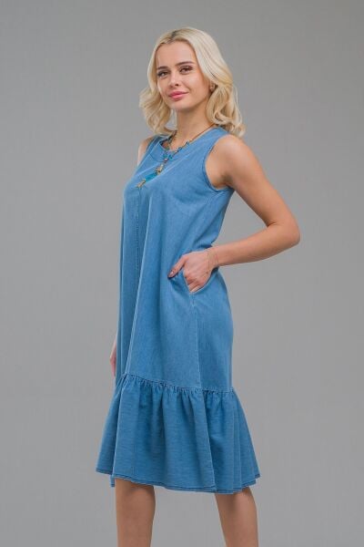 Cepli Kolsuz Pamuklu Dokuma Elbise indigo açık mavi - XS