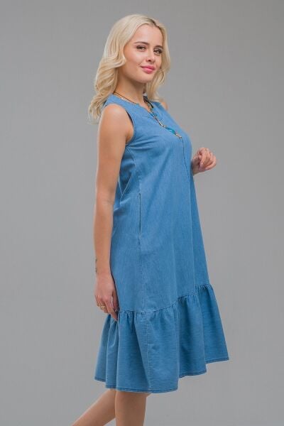 Cepli Kolsuz Pamuklu Dokuma Elbise indigo açık mavi - XS