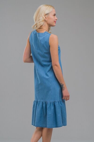 Cepli Kolsuz Pamuklu Dokuma Elbise indigo açık mavi - XS