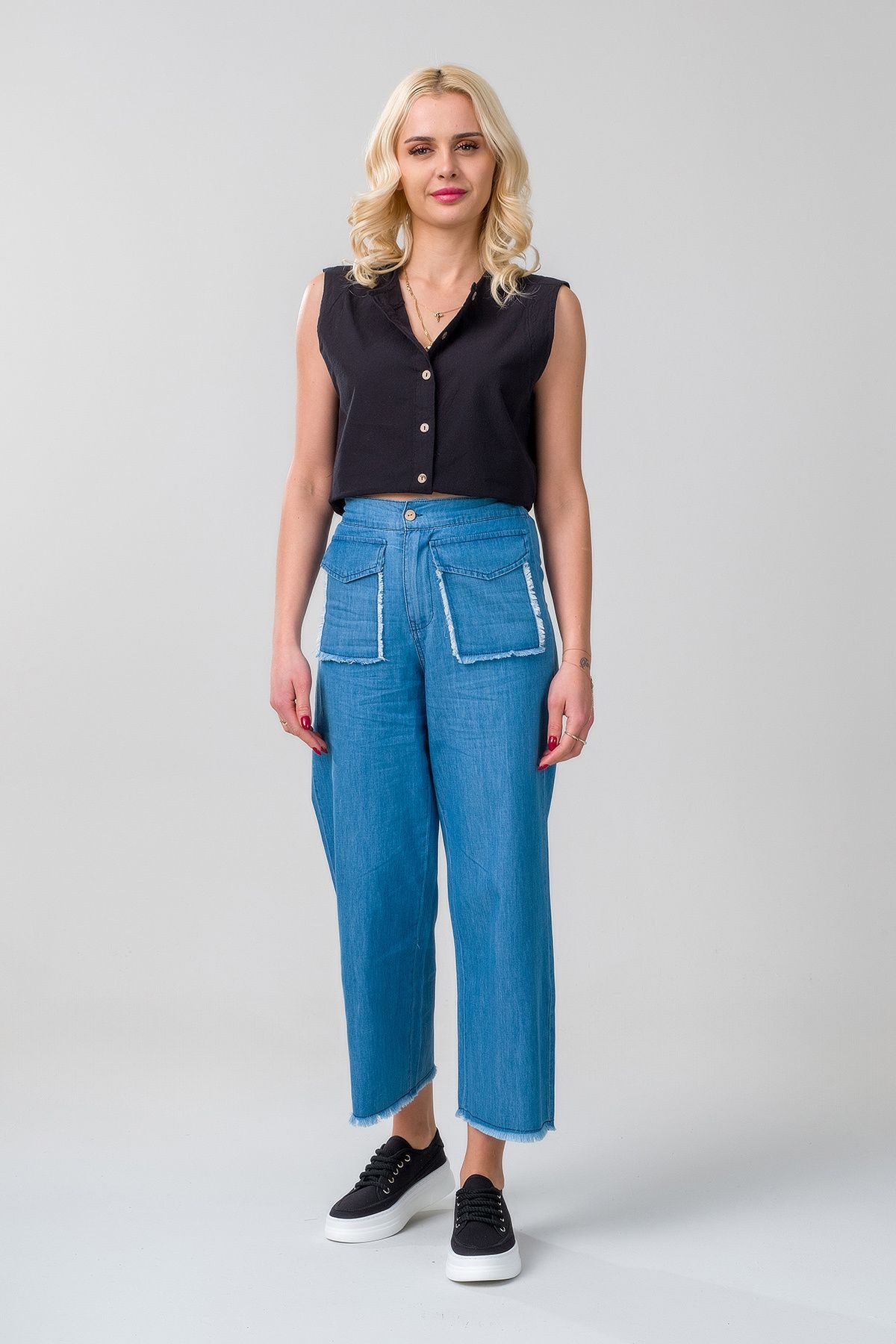 Kadın indigo Renk Kapaklı Cepli Pis Dikişli Bol Paça Beli Lastikli İnce Kot Pantolon M - indigo açık mavi