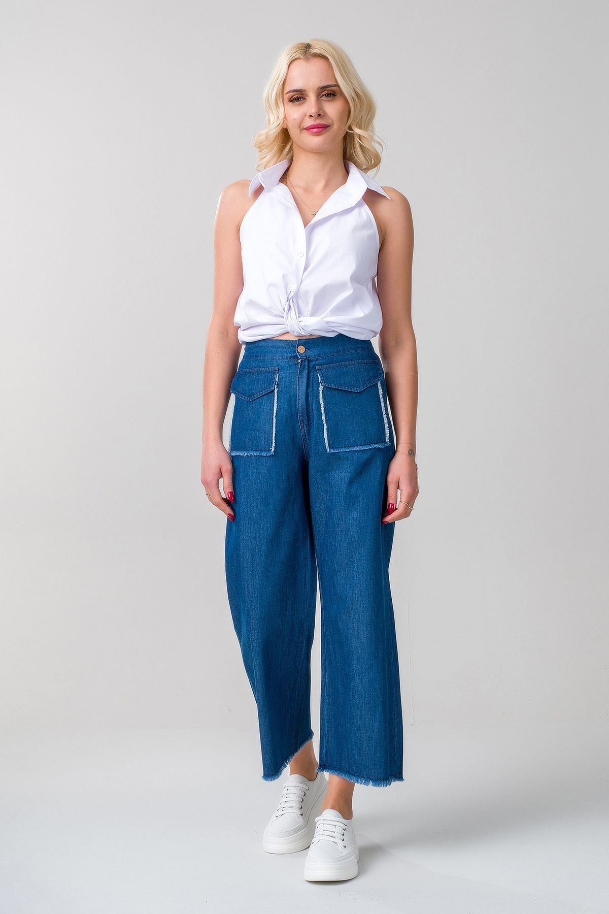 Kadın indigo Renk Kapaklı Cepli Pis Dikişli Bol Paça Beli Lastikli İnce Kot Pantolon M - indigo koyu mavi