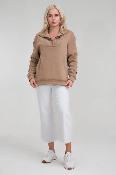 Kadın Pamuk İçi Şardonlu Pis Dikişli Kangru Cepli Yarım Pat Fermuarlı Sweatshirt CAMEL - L
