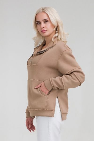 Kadın Pamuk İçi Şardonlu Pis Dikişli Kangru Cepli Yarım Pat Fermuarlı Sweatshirt CAMEL - L