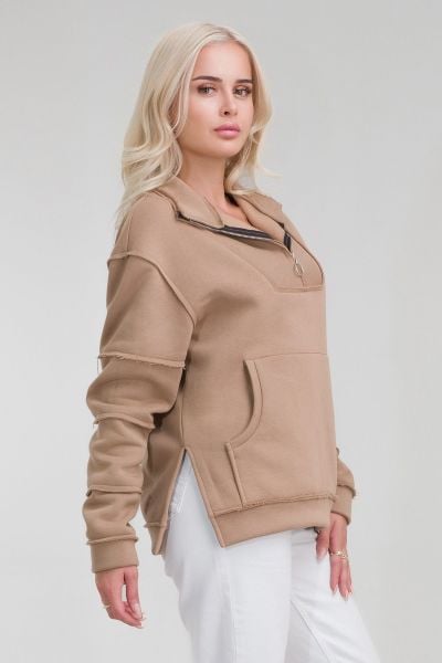 Kadın Pamuk İçi Şardonlu Pis Dikişli Kangru Cepli Yarım Pat Fermuarlı Sweatshirt CAMEL - L