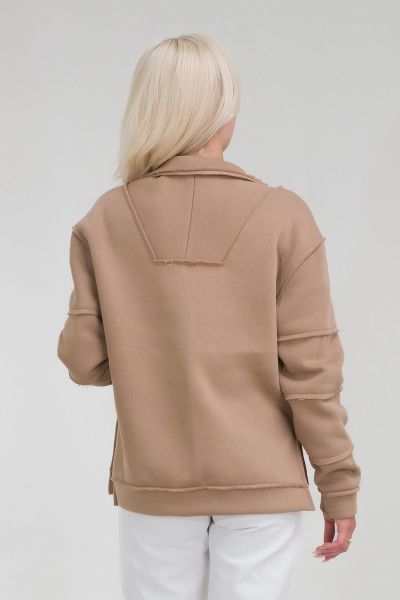 Kadın Pamuk İçi Şardonlu Pis Dikişli Kangru Cepli Yarım Pat Fermuarlı Sweatshirt CAMEL - L