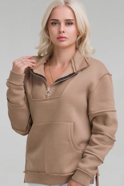 Kadın Pamuk İçi Şardonlu Pis Dikişli Kangru Cepli Yarım Pat Fermuarlı Sweatshirt CAMEL - L