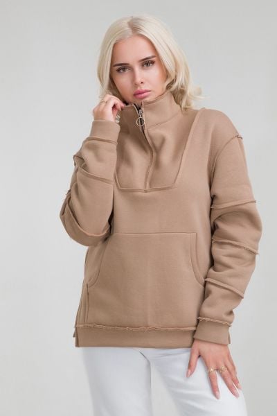 Kadın Pamuk İçi Şardonlu Pis Dikişli Kangru Cepli Yarım Pat Fermuarlı Sweatshirt CAMEL - L