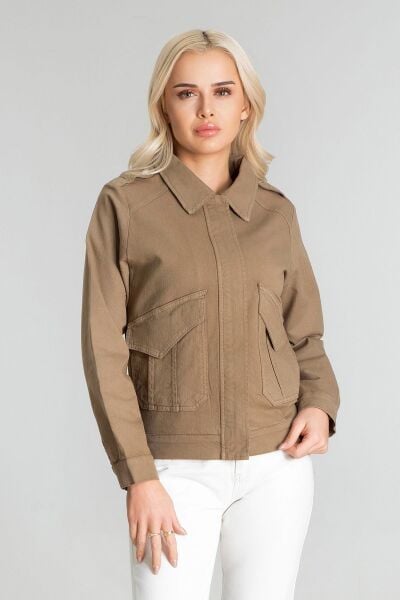 Kadın Pamuk Likralı Kumaş Fermuarlı Kapaklı Cepli  Ceket Haki - S