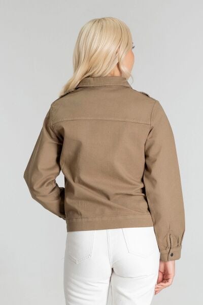Kadın Pamuk Likralı Kumaş Fermuarlı Kapaklı Cepli  Ceket Haki - S