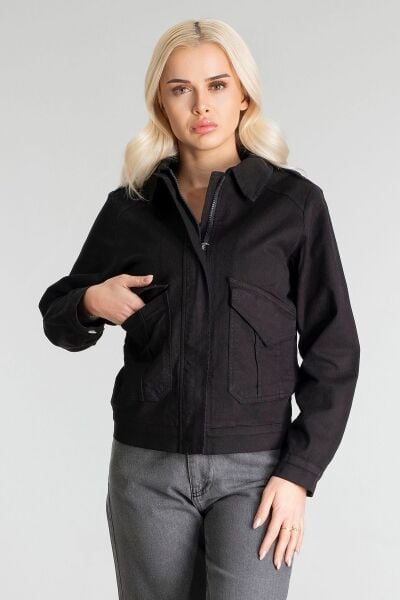 Kadın Pamuk Likralı Kumaş Fermuarlı Kapaklı Cepli  Ceket Siyah - S