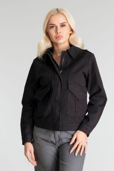 Kadın Pamuk Likralı Kumaş Fermuarlı Kapaklı Cepli  Ceket Siyah - S