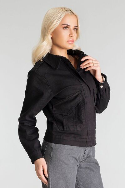 Kadın Pamuk Likralı Kumaş Fermuarlı Kapaklı Cepli  Ceket Siyah - S