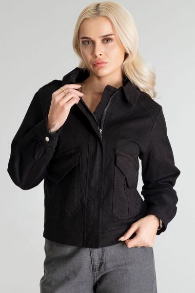 Kadın Pamuk Likralı Kumaş Fermuarlı Kapaklı Cepli  Ceket Siyah - S