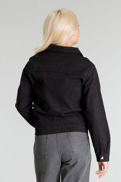 Kadın Pamuk Likralı Kumaş Fermuarlı Kapaklı Cepli  Ceket Siyah - S