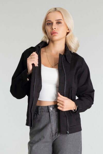 Kadın Pamuk Likralı Kumaş Fermuarlı Kapaklı Cepli  Ceket Siyah - S