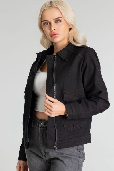 Kadın Pamuk Likralı Kumaş Fermuarlı Kapaklı Cepli  Ceket Siyah - S