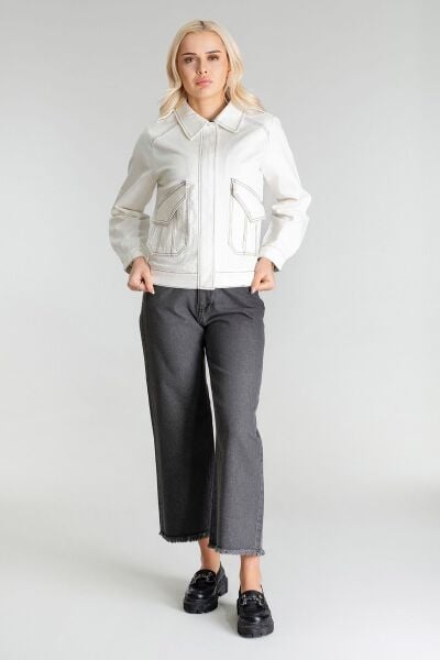 Kadın Pamuk Likralı Kumaş Fermuarlı Kapaklı Cepli  Ceket Ekru - M