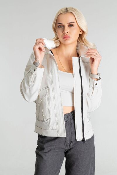 Kadın Pamuk Likralı Kumaş Fermuarlı Kapaklı Cepli  Ceket Ekru - M