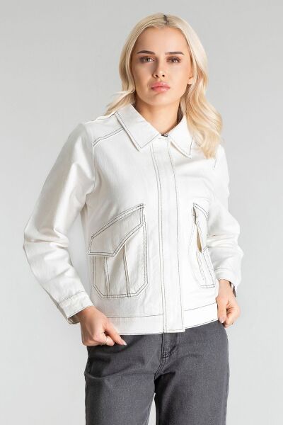 Kadın Pamuk Likralı Kumaş Fermuarlı Kapaklı Cepli  Ceket Ekru - M