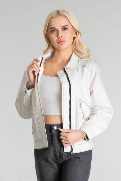 Kadın Pamuk Likralı Kumaş Fermuarlı Kapaklı Cepli  Ceket Ekru - M