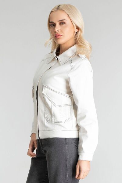 Kadın Pamuk Likralı Kumaş Fermuarlı Kapaklı Cepli  Ceket Ekru - M