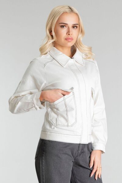 Kadın Pamuk Likralı Kumaş Fermuarlı Kapaklı Cepli  Ceket Ekru - M