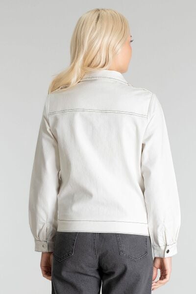 Kadın Pamuk Likralı Kumaş Fermuarlı Kapaklı Cepli  Ceket Ekru - M