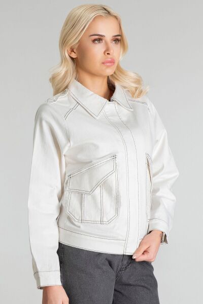 Kadın Pamuk Likralı Kumaş Fermuarlı Kapaklı Cepli  Ceket Ekru - M