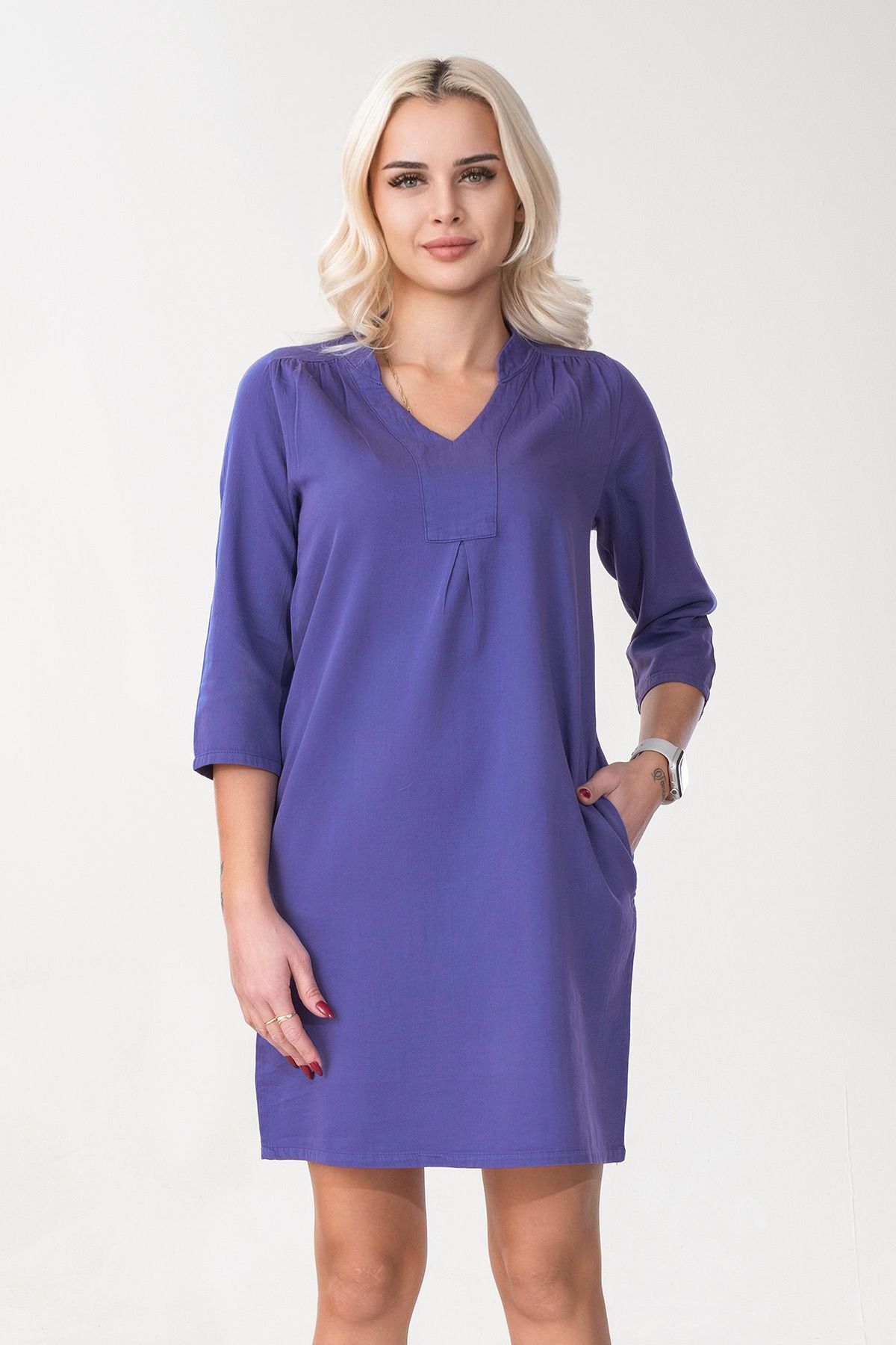 Kadın Siyah Renk Cepli Dik Yakalı Kuşaklı Cepli Pamuklu Gömlek Elbise Saks mavi - XL