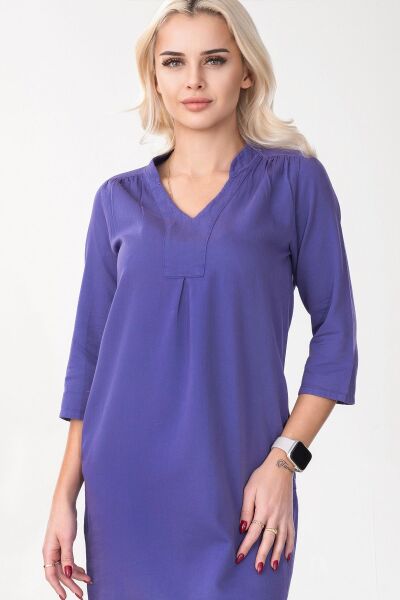 Kadın Siyah Renk Cepli Dik Yakalı Kuşaklı Cepli Pamuklu Gömlek Elbise Saks mavi - XL