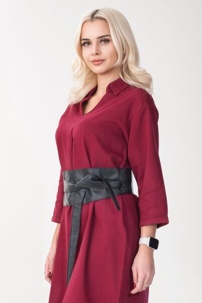Kadın Siyah Renk Cepli Dik Yakalı Kuşaklı Cepli Pamuklu Gömlek Elbise Bordo - XS