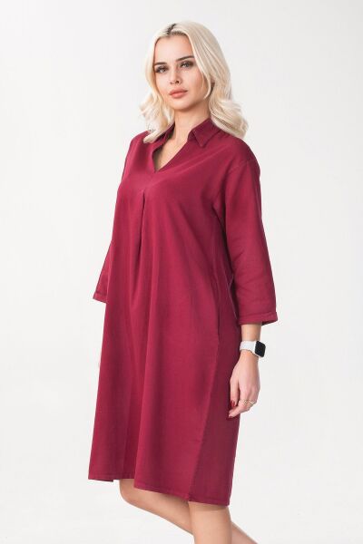 Kadın Siyah Renk Cepli Dik Yakalı Kuşaklı Cepli Pamuklu Gömlek Elbise Bordo - XS