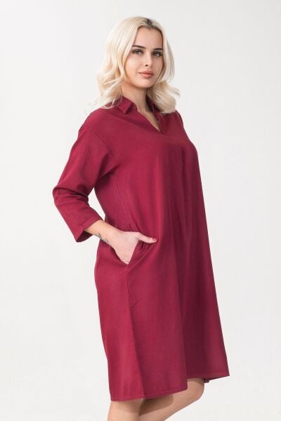 Kadın Siyah Renk Cepli Dik Yakalı Kuşaklı Cepli Pamuklu Gömlek Elbise Bordo - XS