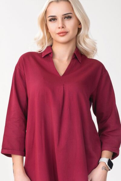 Kadın Siyah Renk Cepli Dik Yakalı Kuşaklı Cepli Pamuklu Gömlek Elbise Bordo - XS