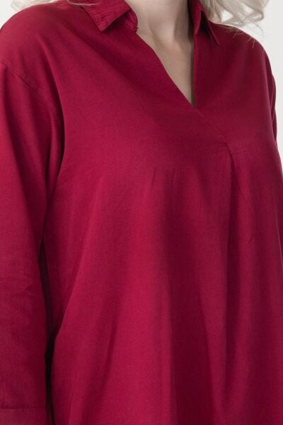 Kadın Siyah Renk Cepli Dik Yakalı Kuşaklı Cepli Pamuklu Gömlek Elbise Bordo - XS