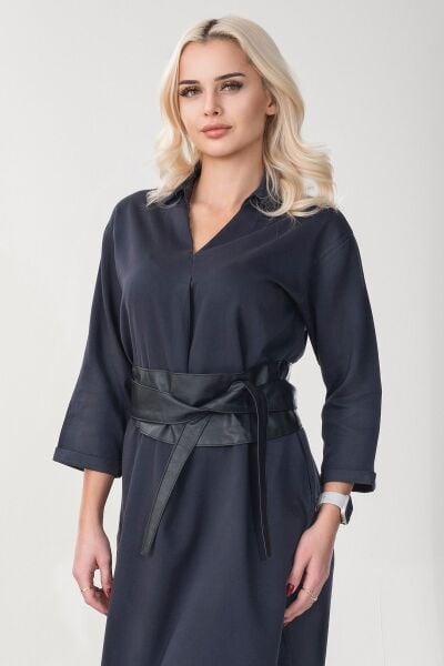 Kadın Siyah Renk Cepli Dik Yakalı Kuşaklı Cepli Pamuklu Gömlek Elbise ANTRASİT - L