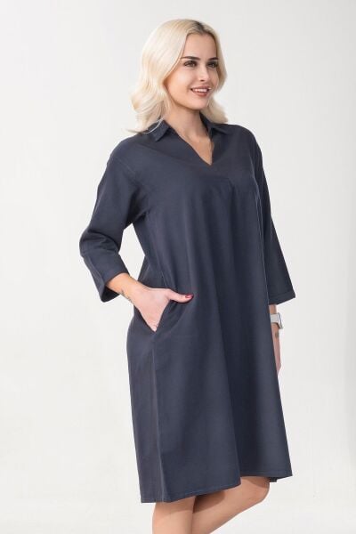 Kadın Siyah Renk Cepli Dik Yakalı Kuşaklı Cepli Pamuklu Gömlek Elbise ANTRASİT - L