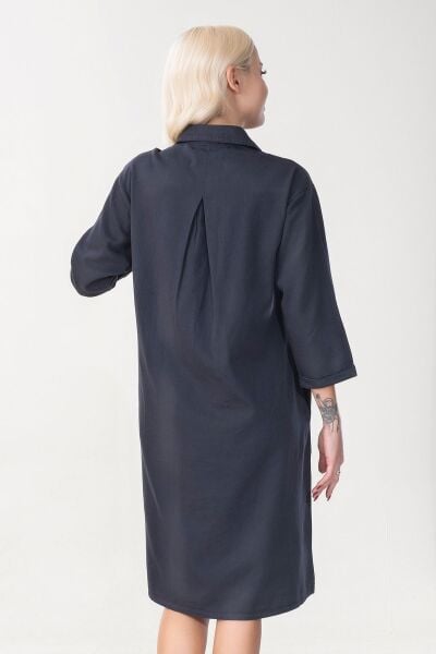 Kadın Siyah Renk Cepli Dik Yakalı Kuşaklı Cepli Pamuklu Gömlek Elbise ANTRASİT - L