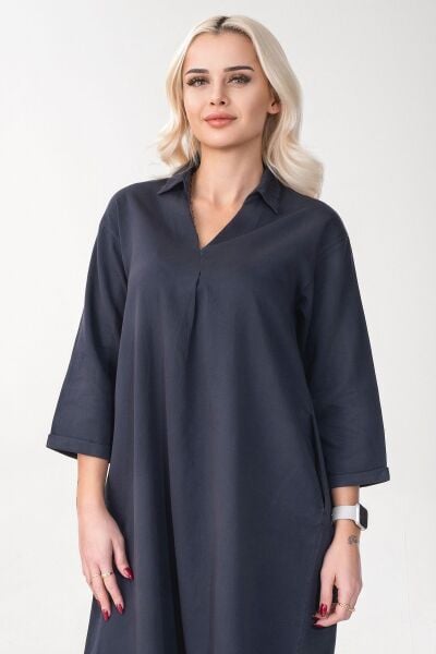 Kadın Siyah Renk Cepli Dik Yakalı Kuşaklı Cepli Pamuklu Gömlek Elbise ANTRASİT - L