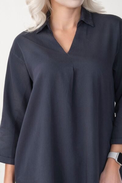 Kadın Siyah Renk Cepli Dik Yakalı Kuşaklı Cepli Pamuklu Gömlek Elbise ANTRASİT - L