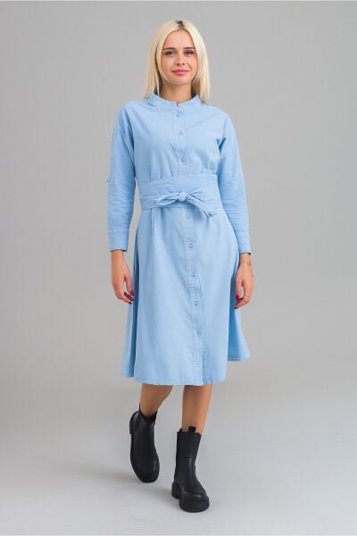 Kadın Siyah Renk Cepli Dik Yakalı Kuşaklı Cepli Pamuklu Gömlek Elbise Mavi - S