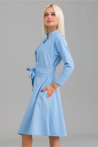 Kadın Siyah Renk Cepli Dik Yakalı Kuşaklı Cepli Pamuklu Gömlek Elbise Mavi - S