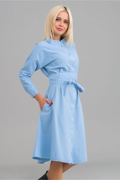 Kadın Siyah Renk Cepli Dik Yakalı Kuşaklı Cepli Pamuklu Gömlek Elbise Mavi - S