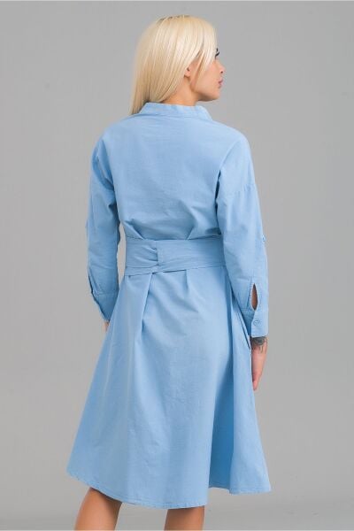 Kadın Siyah Renk Cepli Dik Yakalı Kuşaklı Cepli Pamuklu Gömlek Elbise Mavi - S