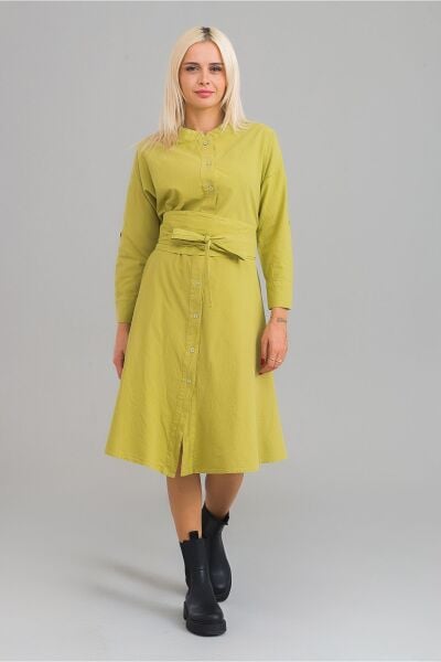 Kadın Siyah Renk Cepli Dik Yakalı Kuşaklı Cepli Pamuklu Gömlek Elbise Yağ Yeşili - M