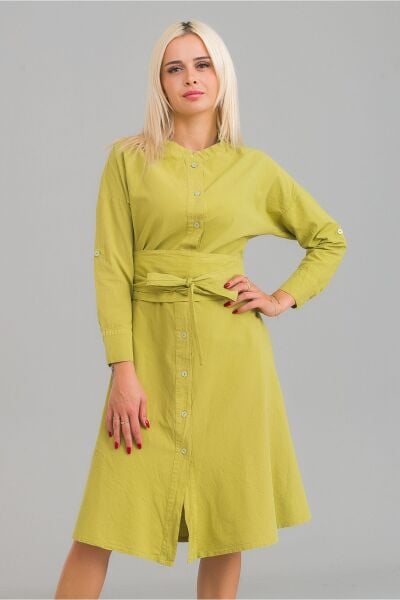 Kadın Siyah Renk Cepli Dik Yakalı Kuşaklı Cepli Pamuklu Gömlek Elbise Yağ Yeşili - M