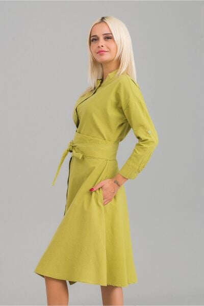 Kadın Siyah Renk Cepli Dik Yakalı Kuşaklı Cepli Pamuklu Gömlek Elbise Yağ Yeşili - M