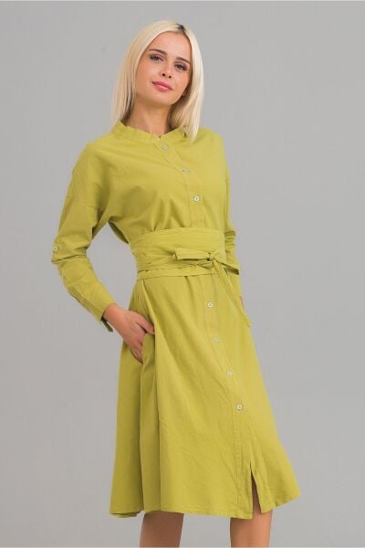 Kadın Siyah Renk Cepli Dik Yakalı Kuşaklı Cepli Pamuklu Gömlek Elbise Yağ Yeşili - M