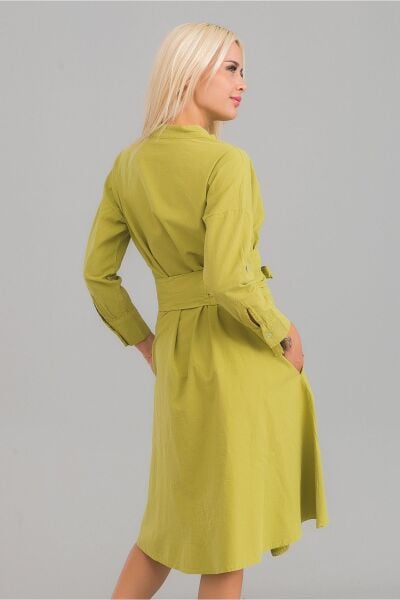 Kadın Siyah Renk Cepli Dik Yakalı Kuşaklı Cepli Pamuklu Gömlek Elbise Yağ Yeşili - M